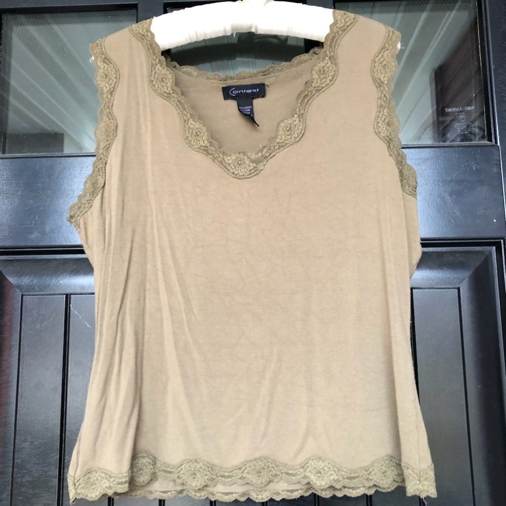 Context, Olive colored lace trimmed tank top, size L